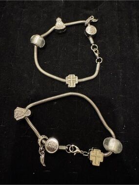 2 Religious Faith Charm Bracelets Silver Tone Cross Angel Wing Christian Jewelry
